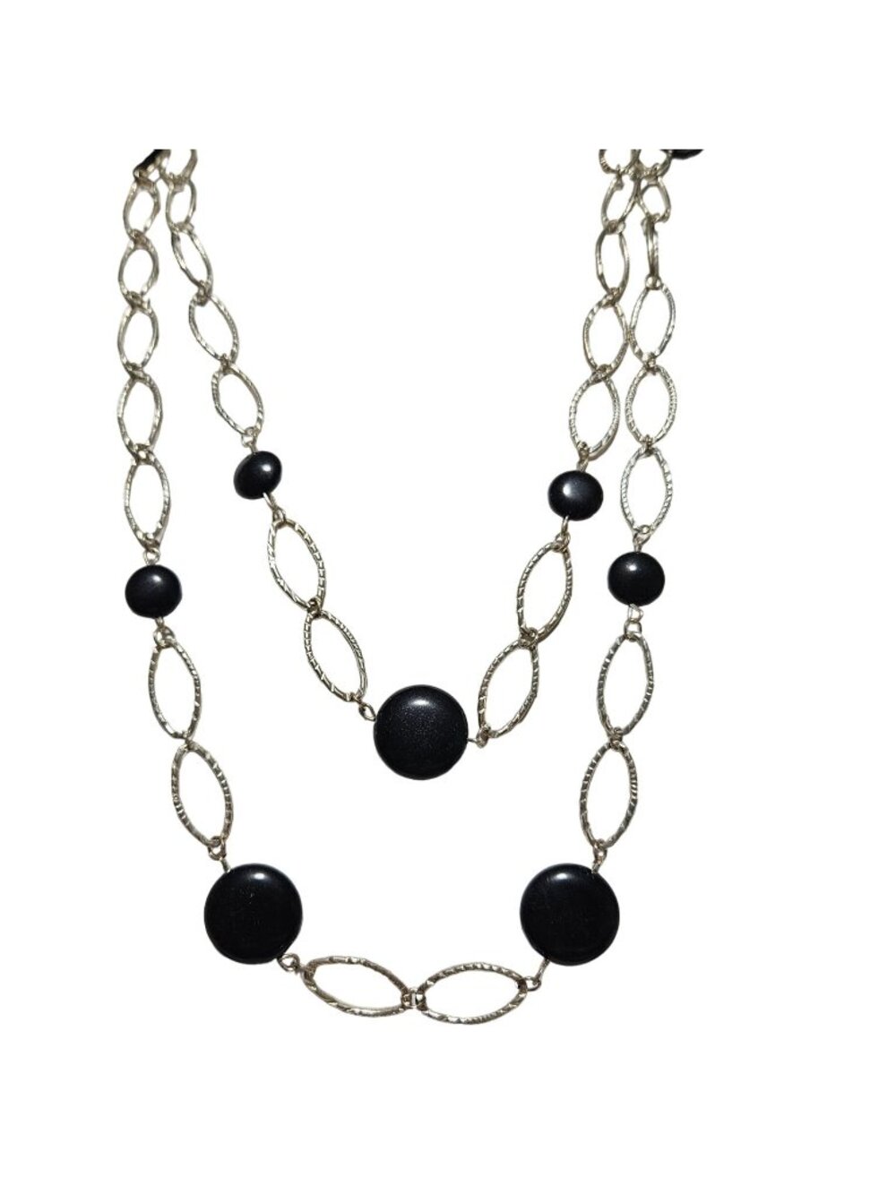 Elegant Chain Link Beaded Necklace Black Disc Beads Silver Tone Fashion Jewelry